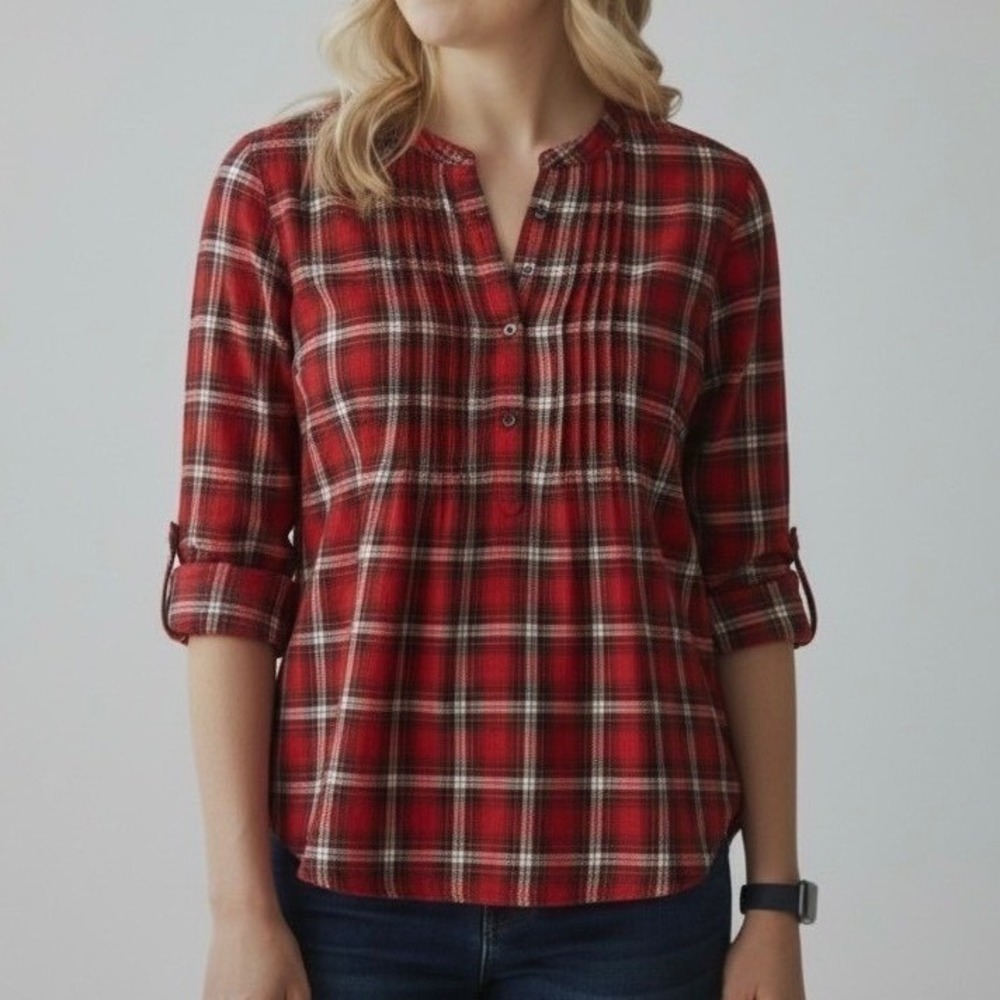 Lands End Red Plaid Metallic Pintuck Henley Blouse Womens 10 Long